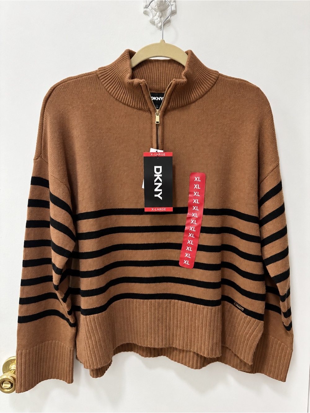 DKNY Camel and Black Striped Half-Zip Cowl Sweater Womens XL.